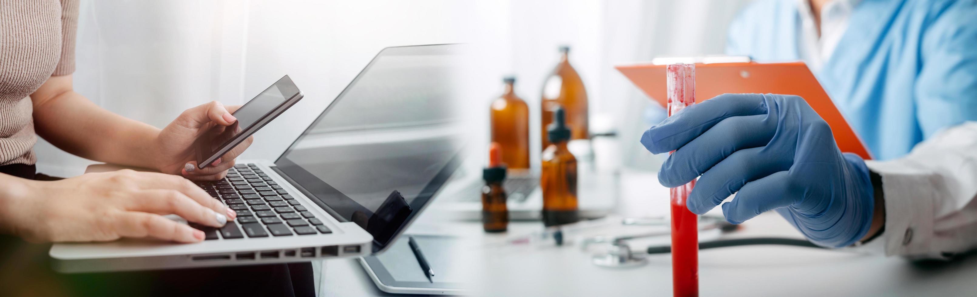 Medicine doctor hand working on a patients x-ray scans digital healthcare and connection with modern virtual screen interface icons, Medical technology and network concept. photo