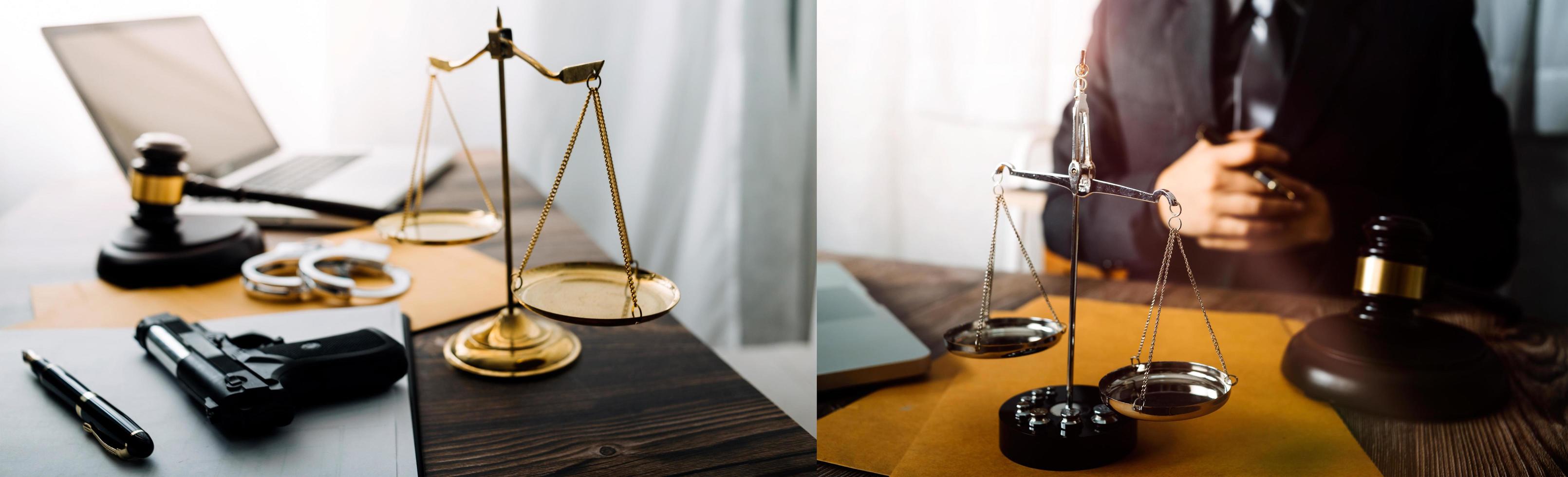 Justice and law concept.Male judge in a courtroom with the gavel, working with, computer and docking keyboard, eyeglasses, on table in morning light photo