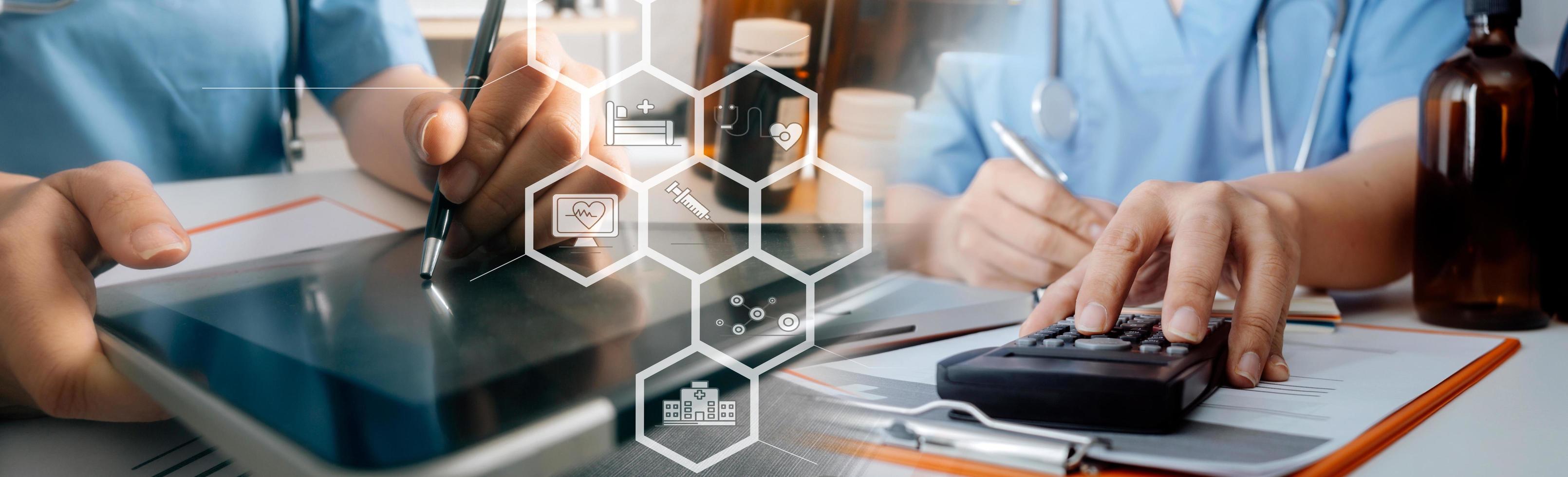 Medicine doctor hand working on a patients x-ray scans digital healthcare and connection with modern virtual screen interface icons, Medical technology and network concept. photo