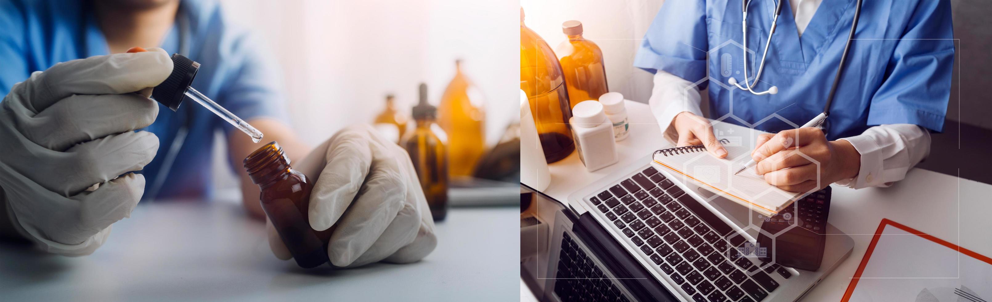 Medicine doctor hand working on a patients x-ray scans digital healthcare and connection with modern virtual screen interface icons, Medical technology and network concept. photo