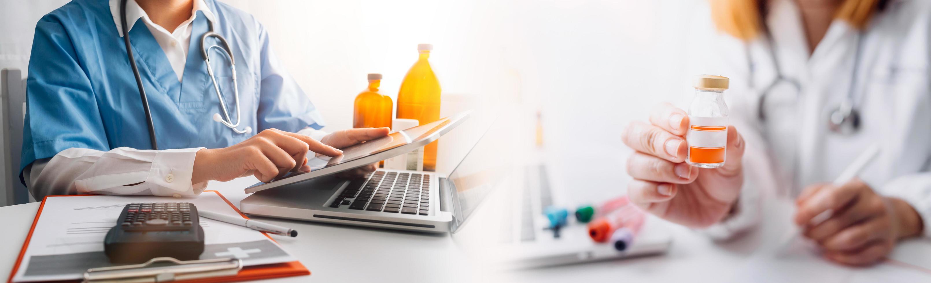 Medicine doctor hand working on a patients x-ray scans digital healthcare and connection with modern virtual screen interface icons, Medical technology and network concept. photo