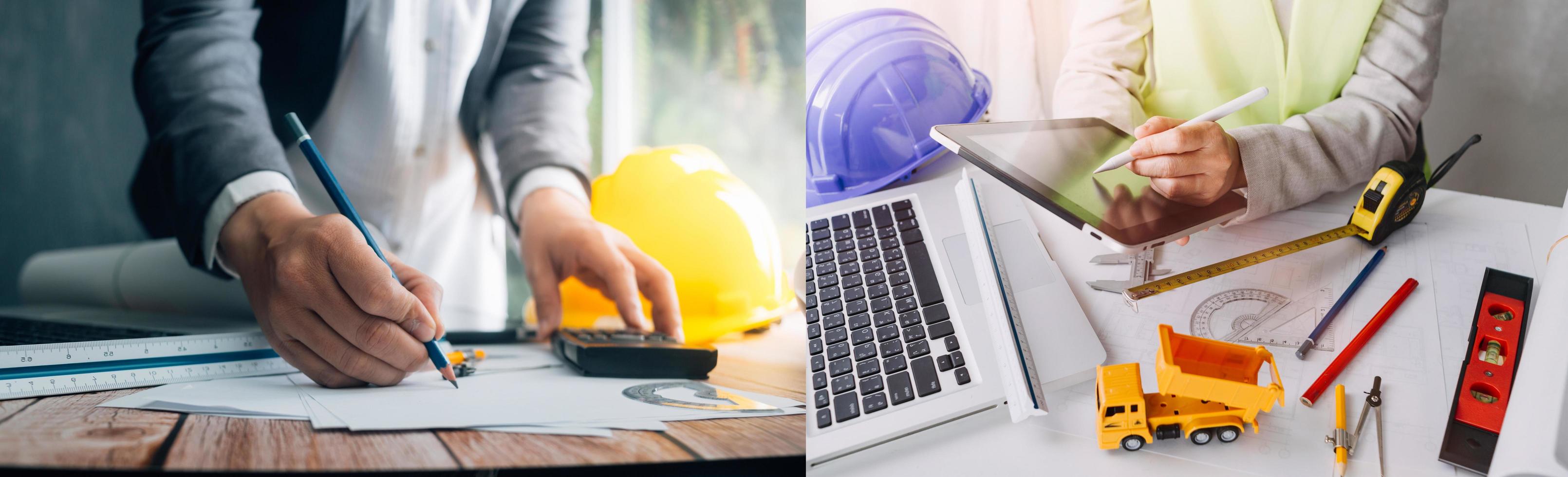 Two colleagues discussing data working and tablet, laptop with on on architectural project at construction site at desk in office photo