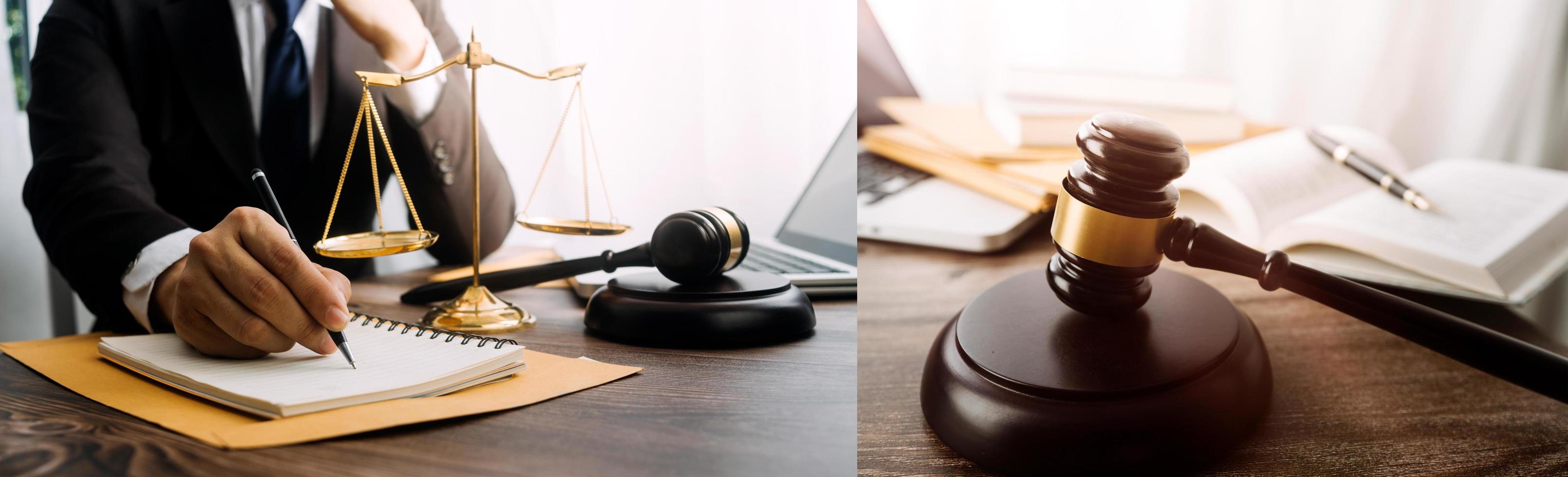 Justice and law concept.Male judge in a courtroom with the gavel, working with, computer and docking keyboard, eyeglasses, on table in morning light photo