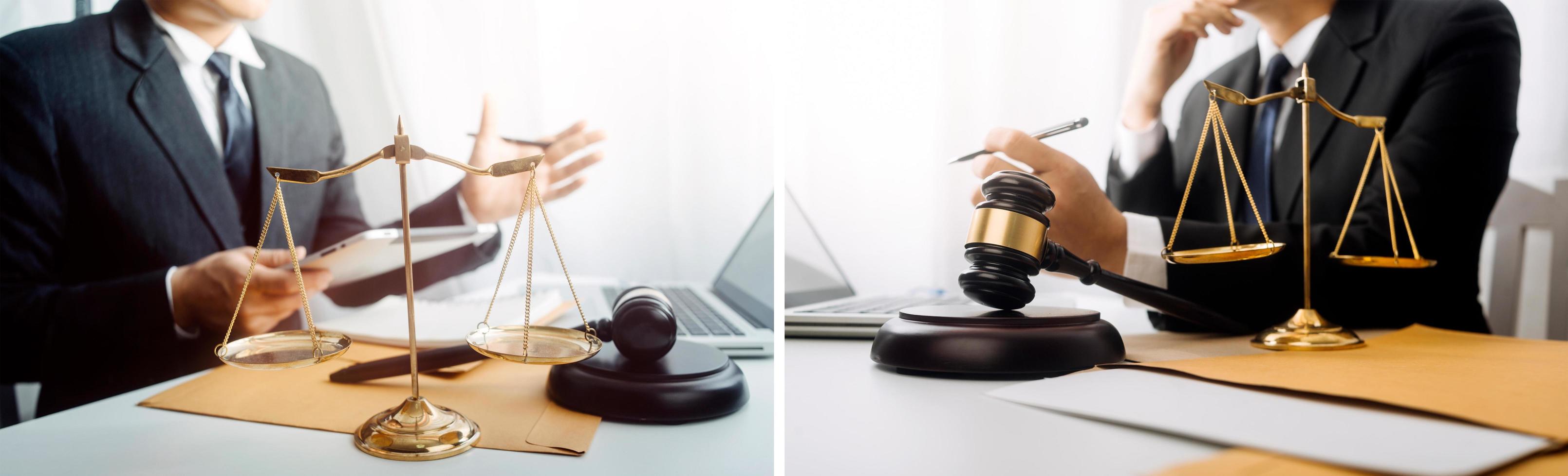 Justice and law concept.Male judge in a courtroom with the gavel, working with, computer and docking keyboard, eyeglasses, on table in morning light photo