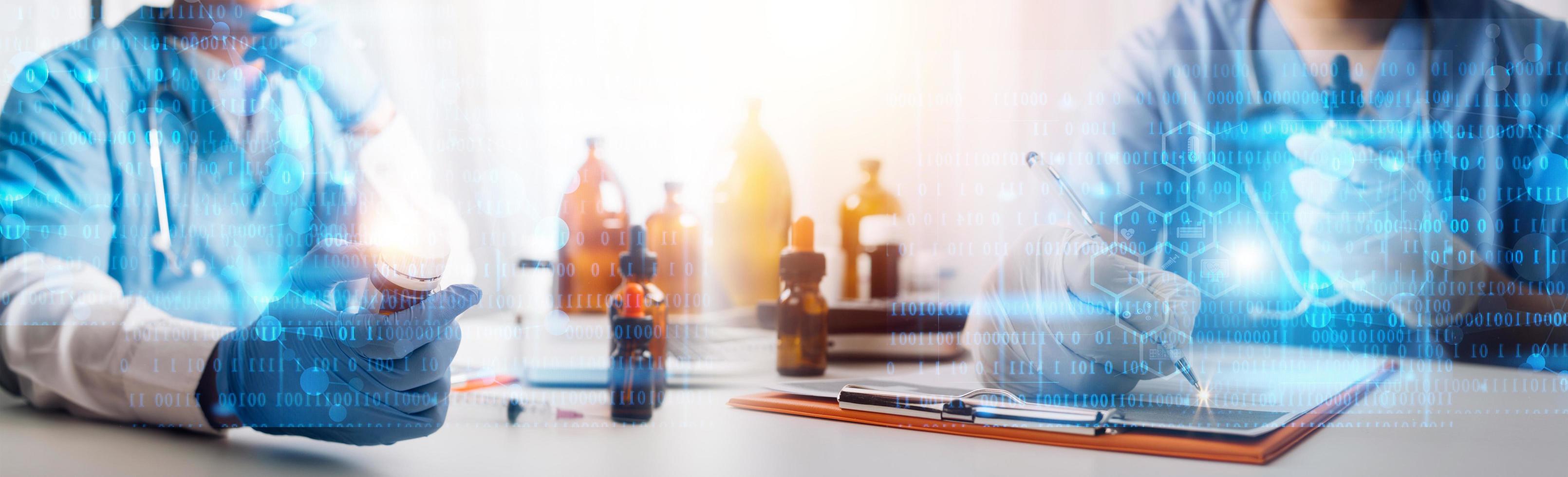 Medicine doctor hand working on a patients x-ray scans digital healthcare and connection with modern virtual screen interface icons, Medical technology and network concept. photo