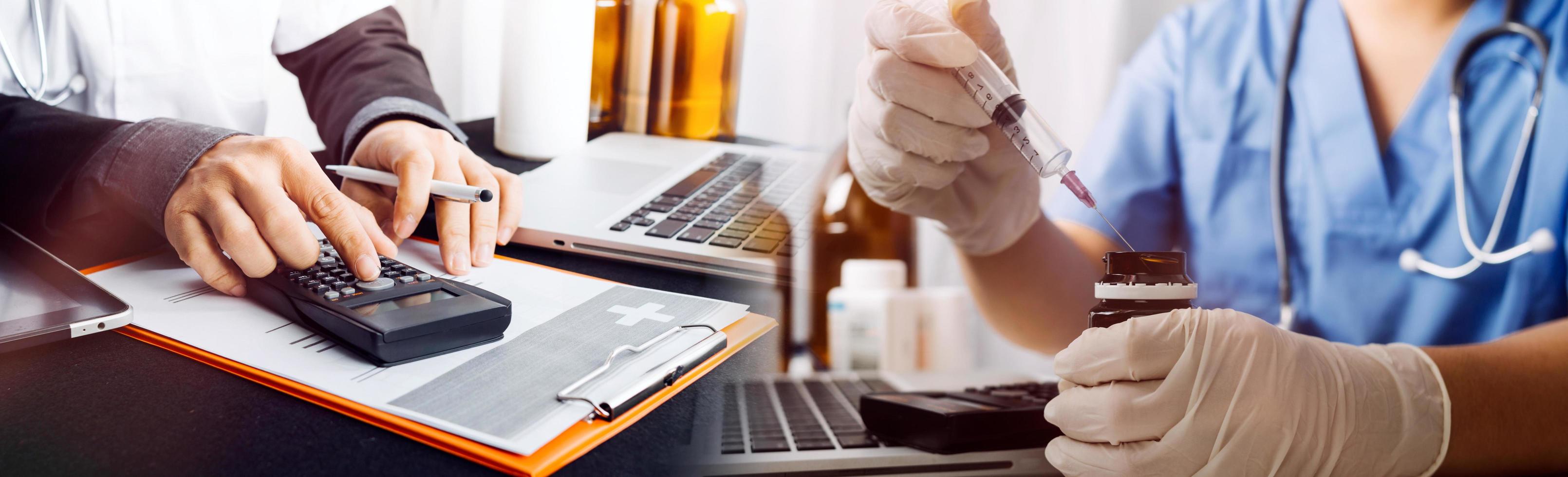 Medicine doctor and stethoscope touching icon medical network connection with modern interface on digital tablet in hospital background. Medical technology network concept photo
