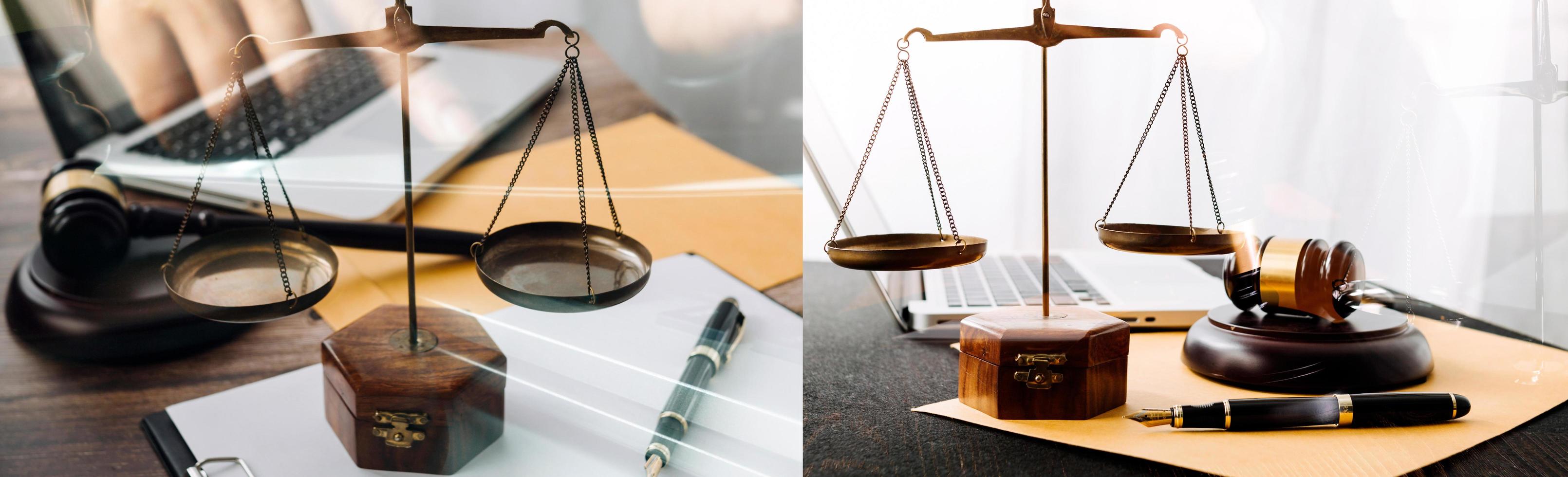 Justice and law concept.Male judge in a courtroom with the gavel, working with, computer and docking keyboard, eyeglasses, on table in morning light photo