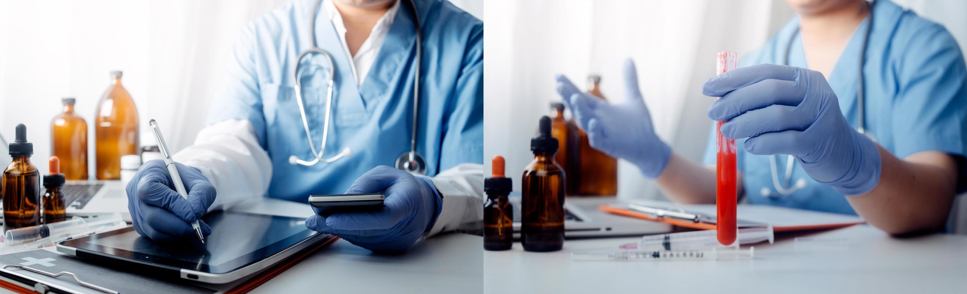 Medicine doctor hand working on a patients x-ray scans digital healthcare and connection with modern virtual screen interface icons, Medical technology and network concept. photo