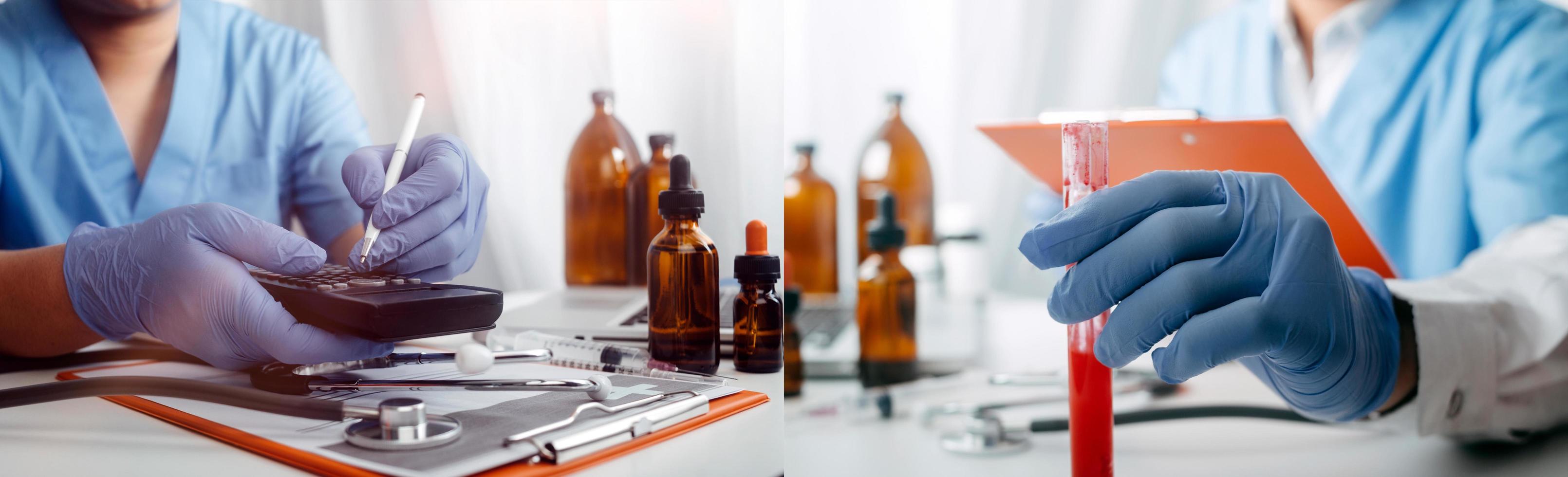 Medicine doctor hand working on a patients x-ray scans digital healthcare and connection with modern virtual screen interface icons, Medical technology and network concept. photo