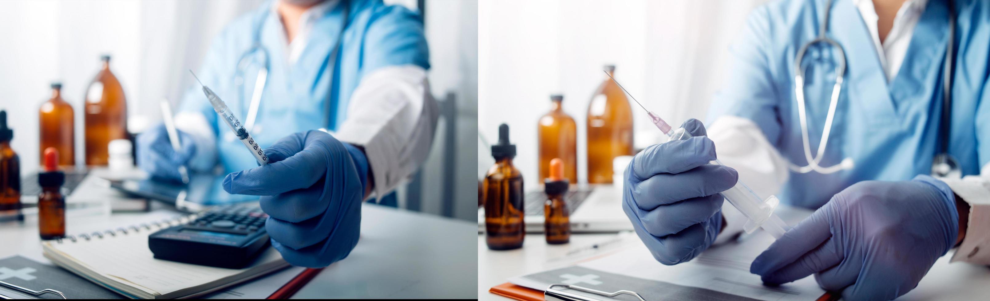 Medicine doctor hand working on a patients x-ray scans digital healthcare and connection with modern virtual screen interface icons, Medical technology and network concept. photo