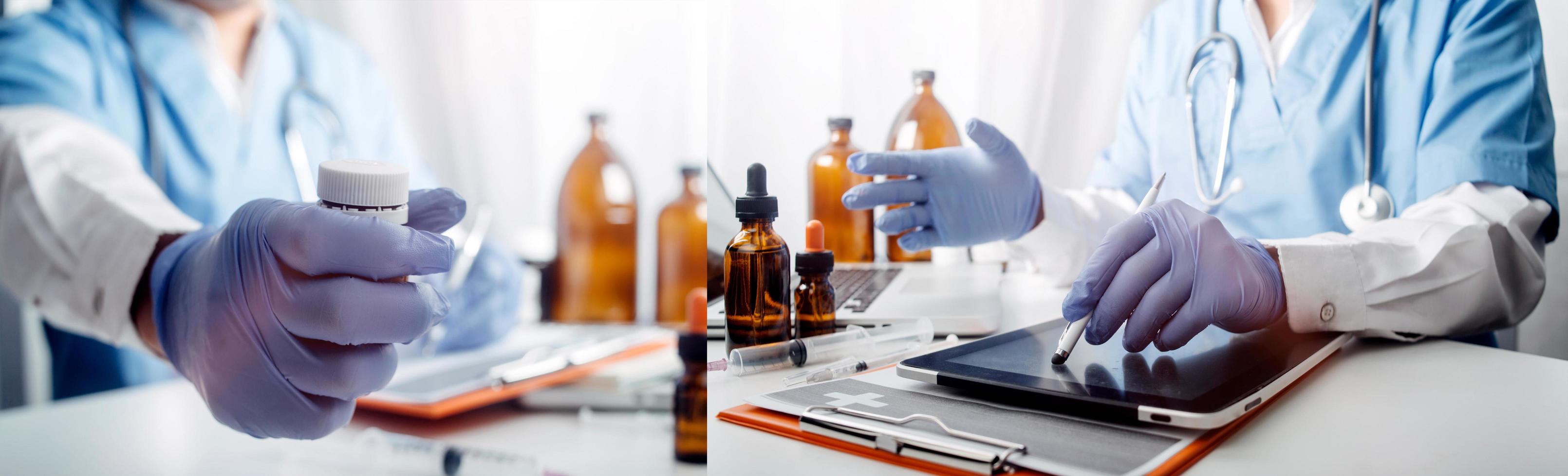 Medicine doctor hand working on a patients x-ray scans digital healthcare and connection with modern virtual screen interface icons, Medical technology and network concept. photo