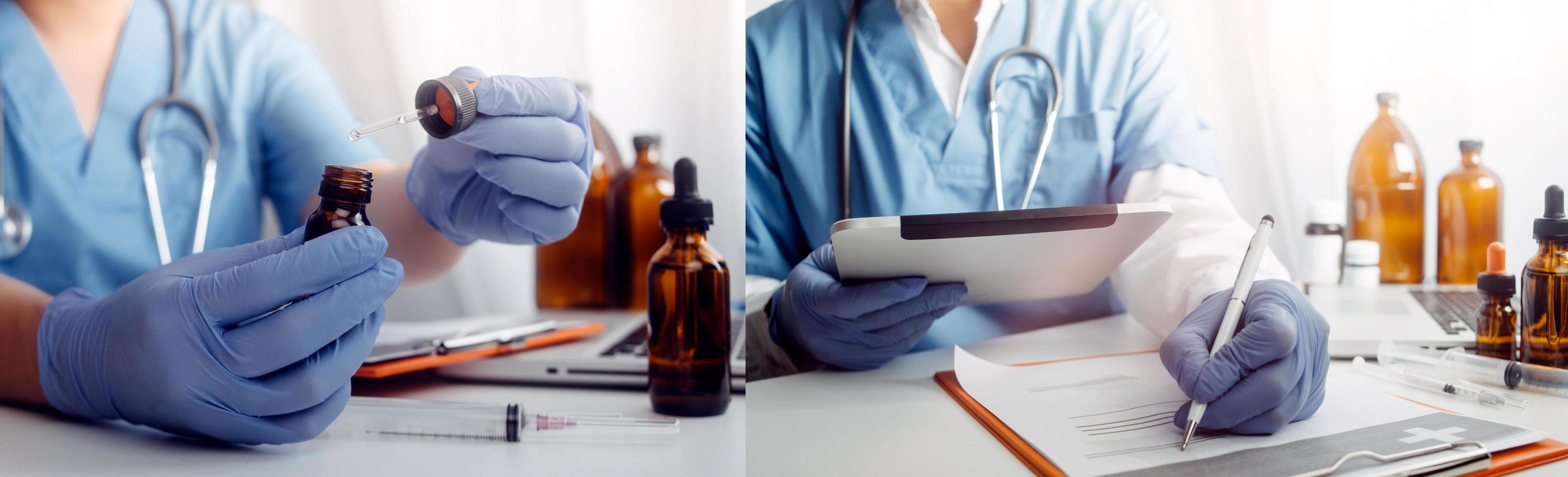 Medicine doctor hand working on a patients x-ray scans digital healthcare and connection with modern virtual screen interface icons, Medical technology and network concept. photo