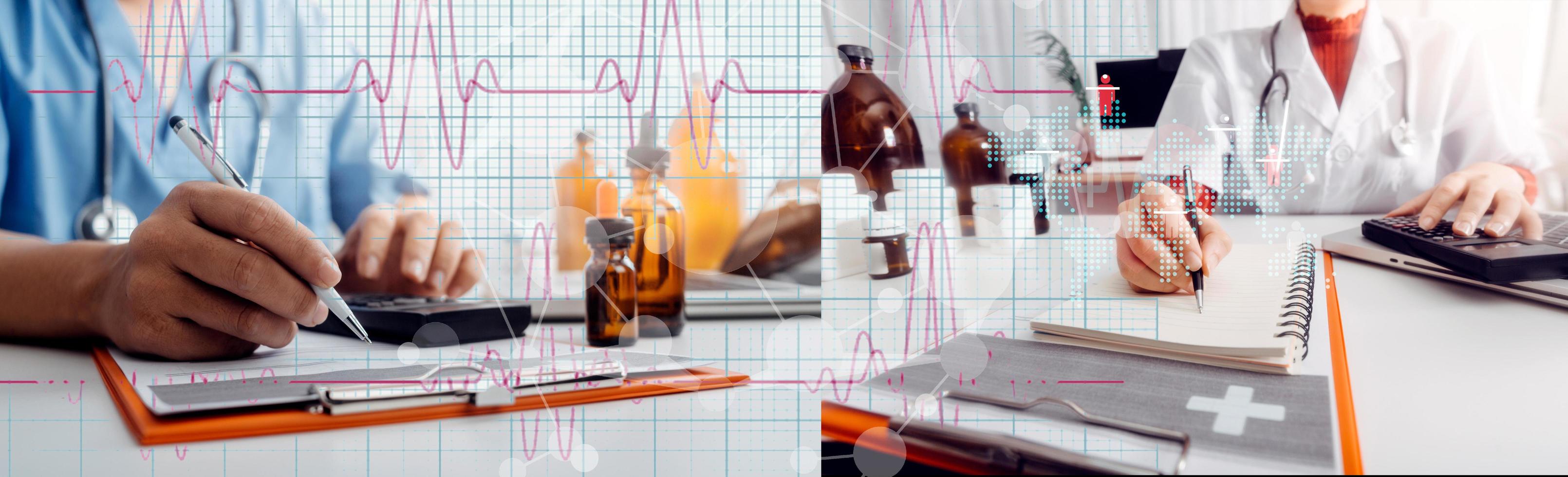 Medicine doctor hand working on a patients x-ray scans digital healthcare and connection with modern virtual screen interface icons, Medical technology and network concept. photo
