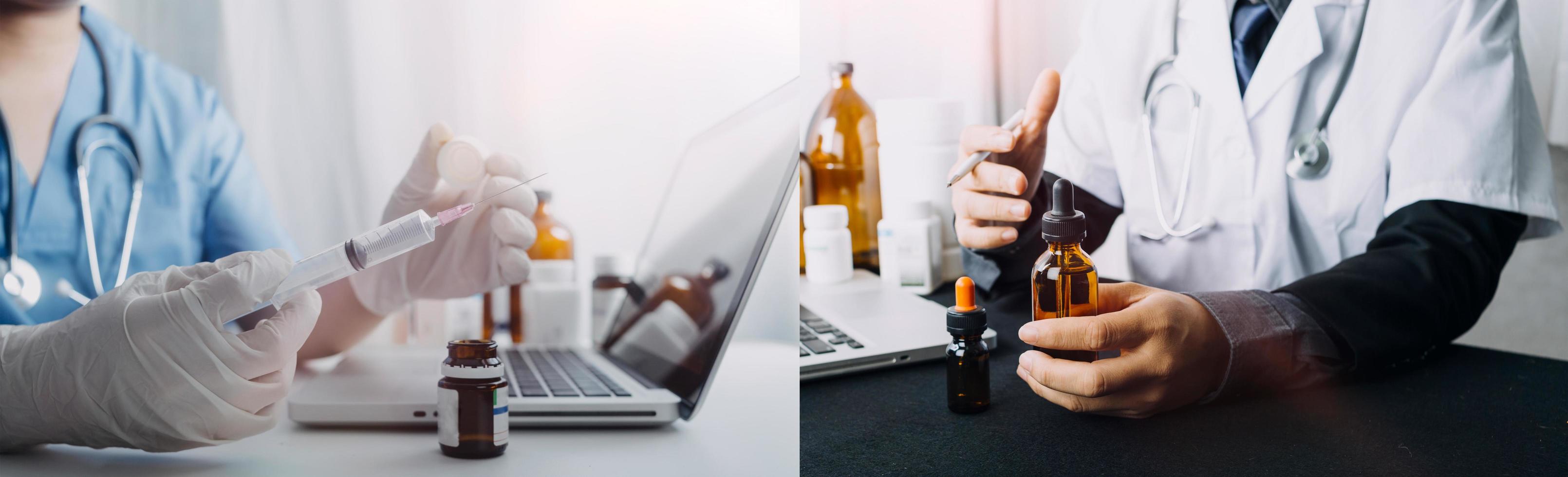 Medicine doctor hand working on a patients x-ray scans digital healthcare and connection with modern virtual screen interface icons, Medical technology and network concept. photo