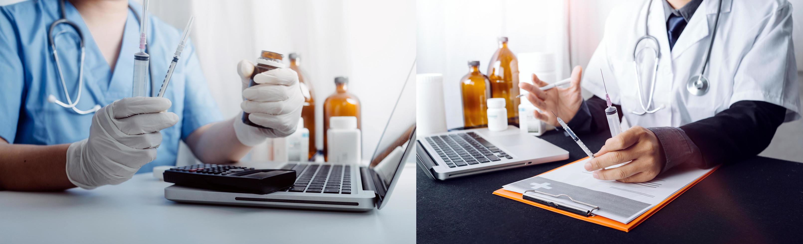 Medicine doctor hand working on a patients x-ray scans digital healthcare and connection with modern virtual screen interface icons, Medical technology and network concept. photo