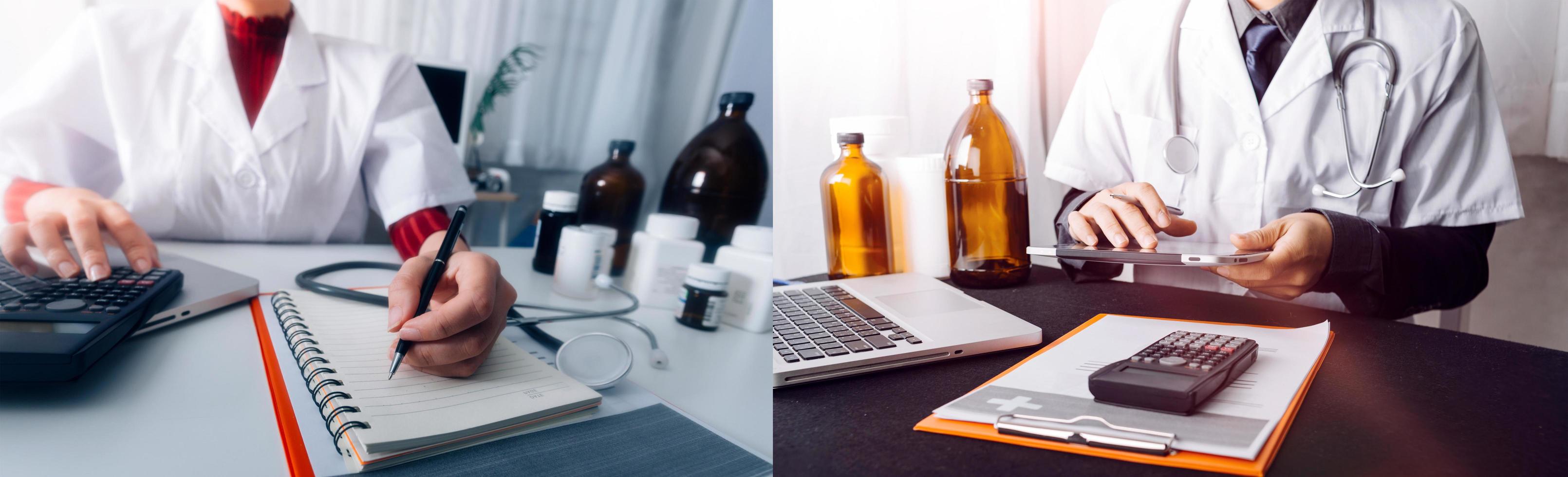 Medicine doctor hand working on a patients x-ray scans digital healthcare and connection with modern virtual screen interface icons, Medical technology and network concept. photo