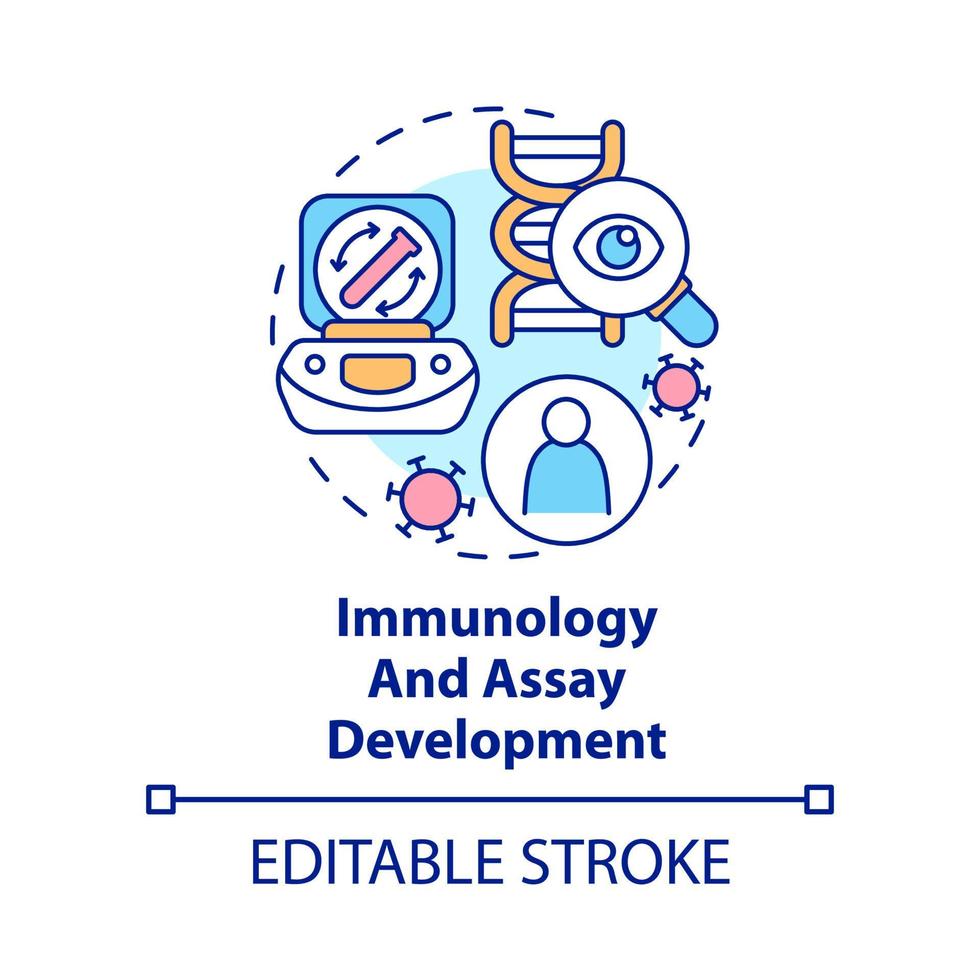 Immunology and assay development concept icon. Pandemic preclinical research abstract idea thin line illustration. Isolated outline drawing. Editable stroke. vector