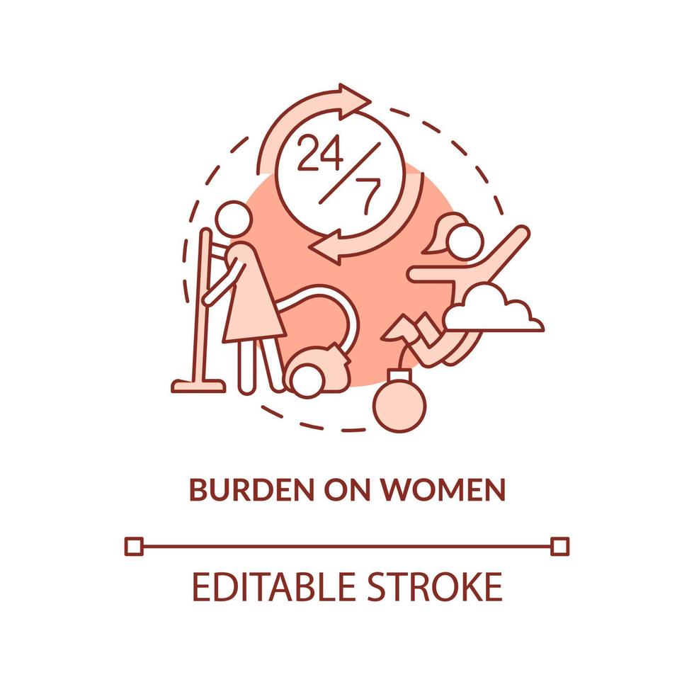 Burden on women terracotta concept icon. Increase responsibility. Overcrowding abstract idea thin line illustration. Isolated outline drawing. Editable stroke. vector