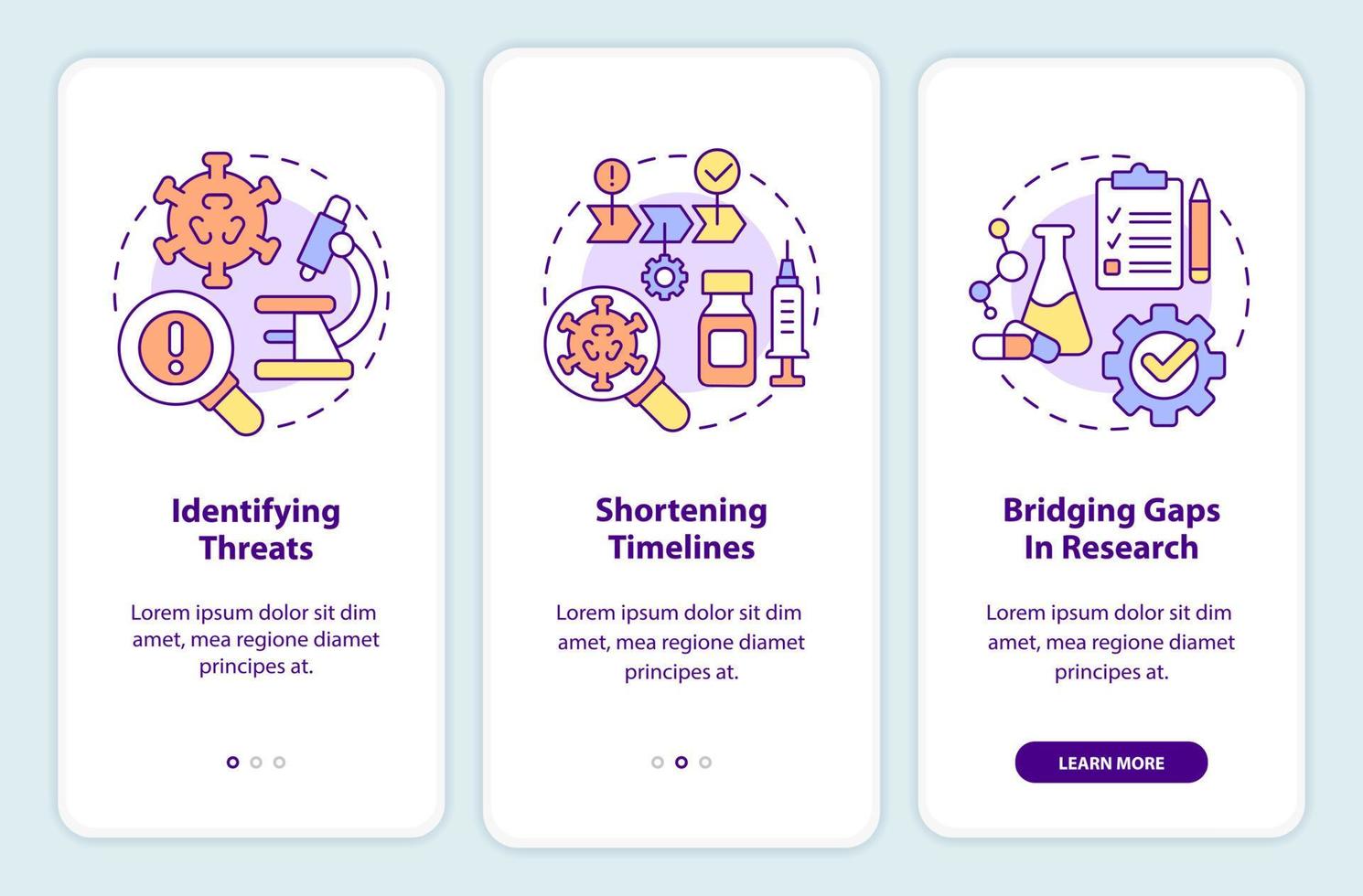 Goals for pandemic preparedness plan onboarding mobile app screen. Walkthrough 3 steps editable graphic instructions with linear concepts. UI, UX, GUI template. vector