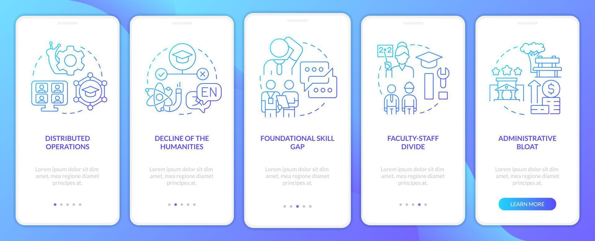 Problems in higher education blue gradient onboarding mobile app screen. Walkthrough 5 steps graphic instructions with linear concepts. UI, UX, GUI template. vector