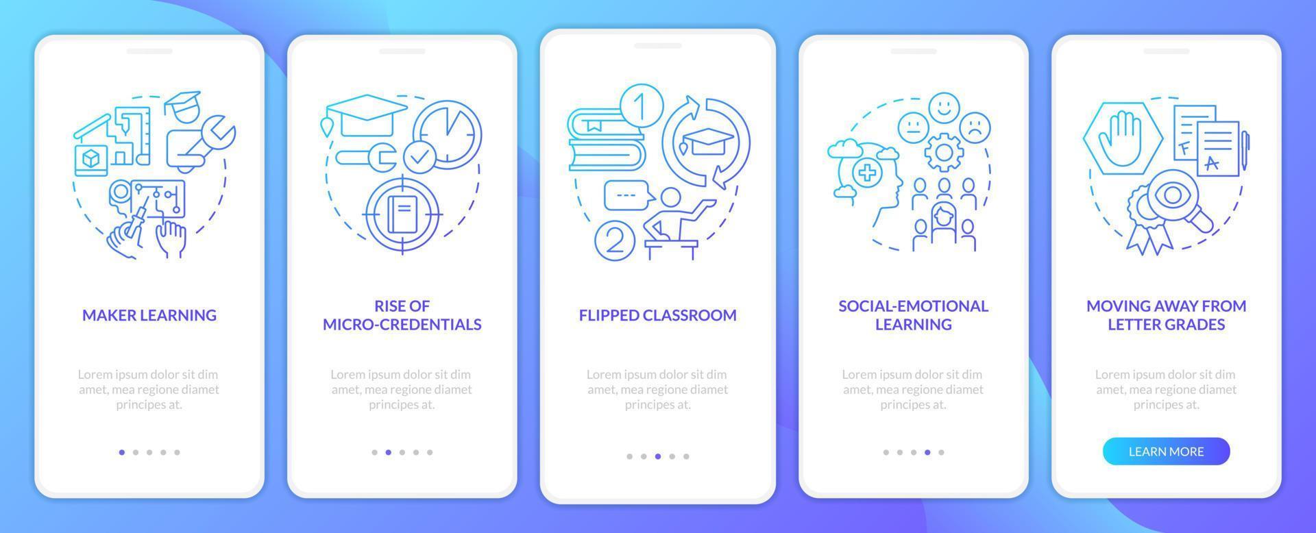 Trends in education blue gradient onboarding mobile app screen. Learning walkthrough 5 steps graphic instructions with linear concepts. UI, UX, GUI template. vector
