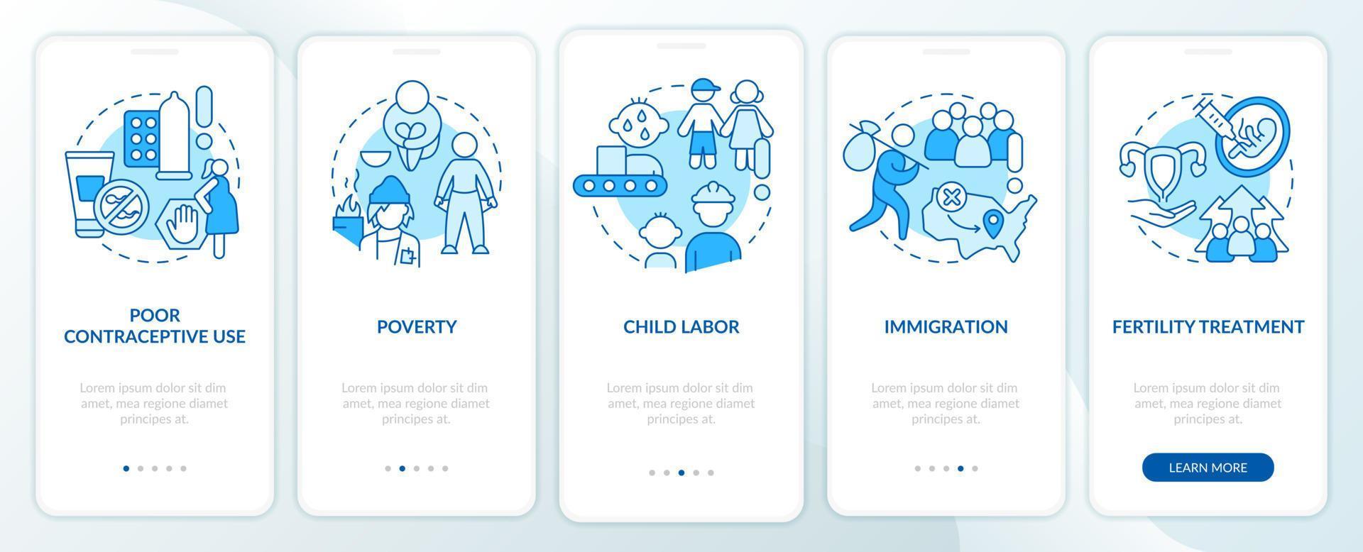 Causes of overpopulation blue onboarding mobile app screen. Reasons walkthrough 5 steps editable graphic instructions with linear concepts. UI, UX, GUI template. vector