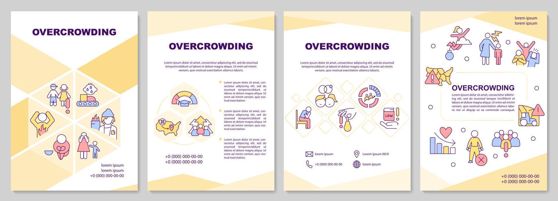 Overcrowding yellow brochure template. Population growth issue. Leaflet design with linear icons. Editable 4 vector layouts for presentation, annual reports.