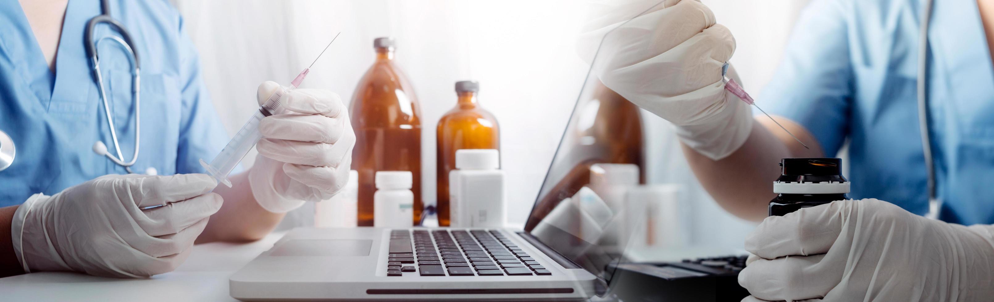 Medicine doctor hand working on a patients x-ray scans digital healthcare and connection with modern virtual screen interface icons, Medical technology and network concept. photo