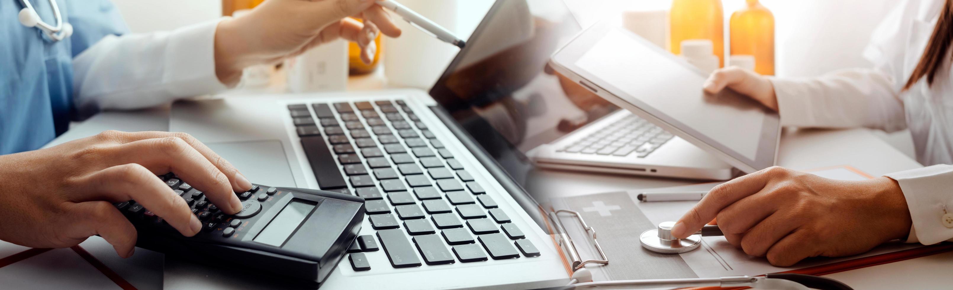 Medicine doctor hand working on a patients x-ray scans digital healthcare and connection with modern virtual screen interface icons, Medical technology and network concept. photo
