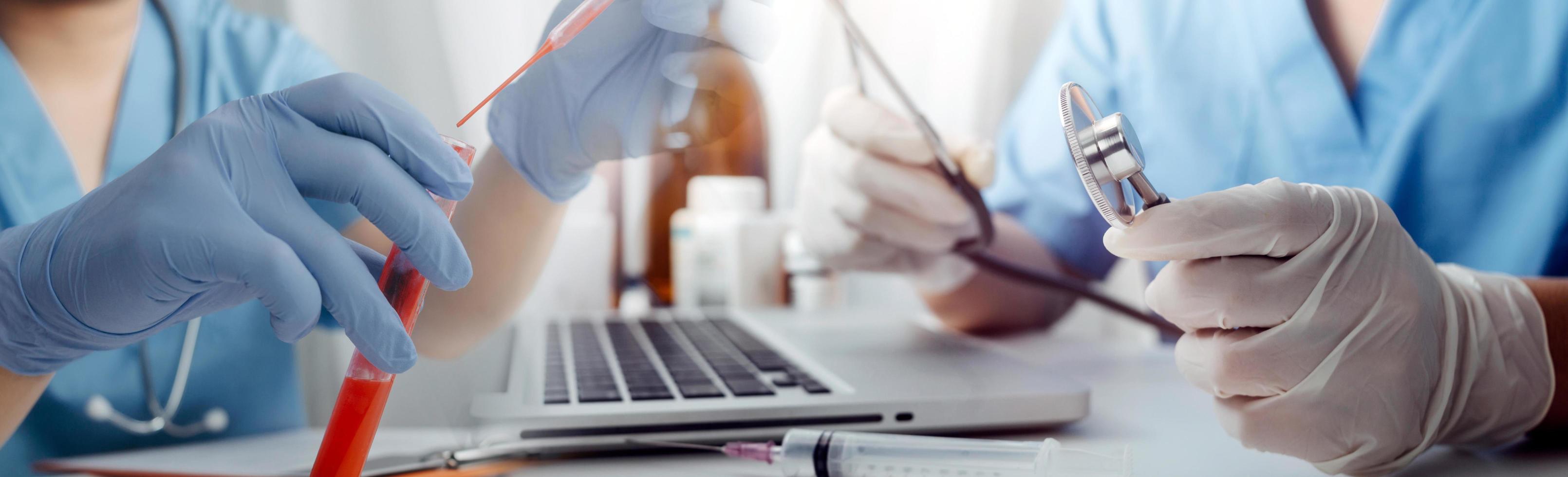 Medicine doctor hand working on a patients x-ray scans digital healthcare and connection with modern virtual screen interface icons, Medical technology and network concept. photo