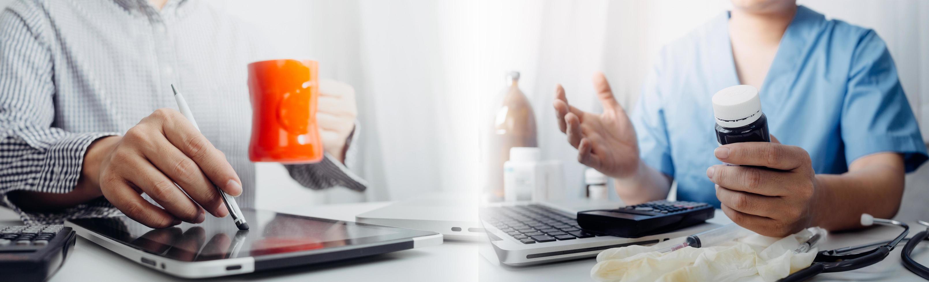 Medicine doctor hand working on a patients x-ray scans digital healthcare and connection with modern virtual screen interface icons, Medical technology and network concept. photo