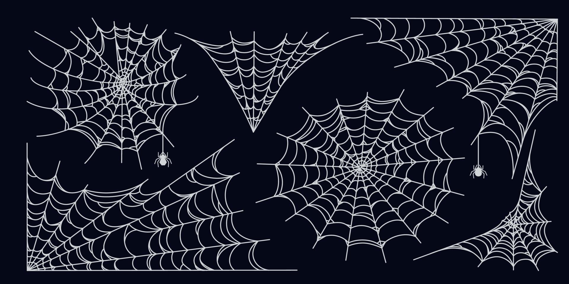 Spider web set isolated on dark background. Spooky Halloween cobwebs with spiders. Vector illustration