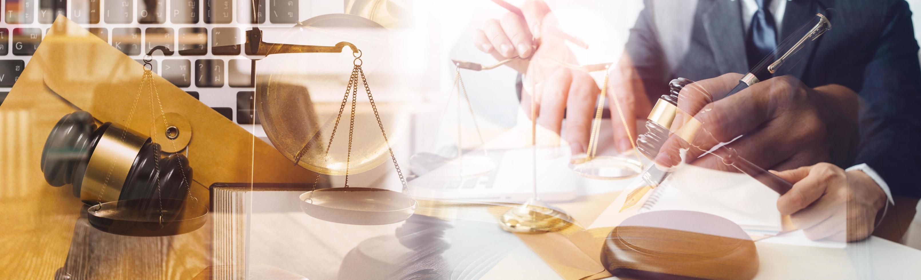 Business and lawyers discussing contract papers with brass scale on desk in office. Law, legal services, advice, justice and law concept picture with film grain effect photo