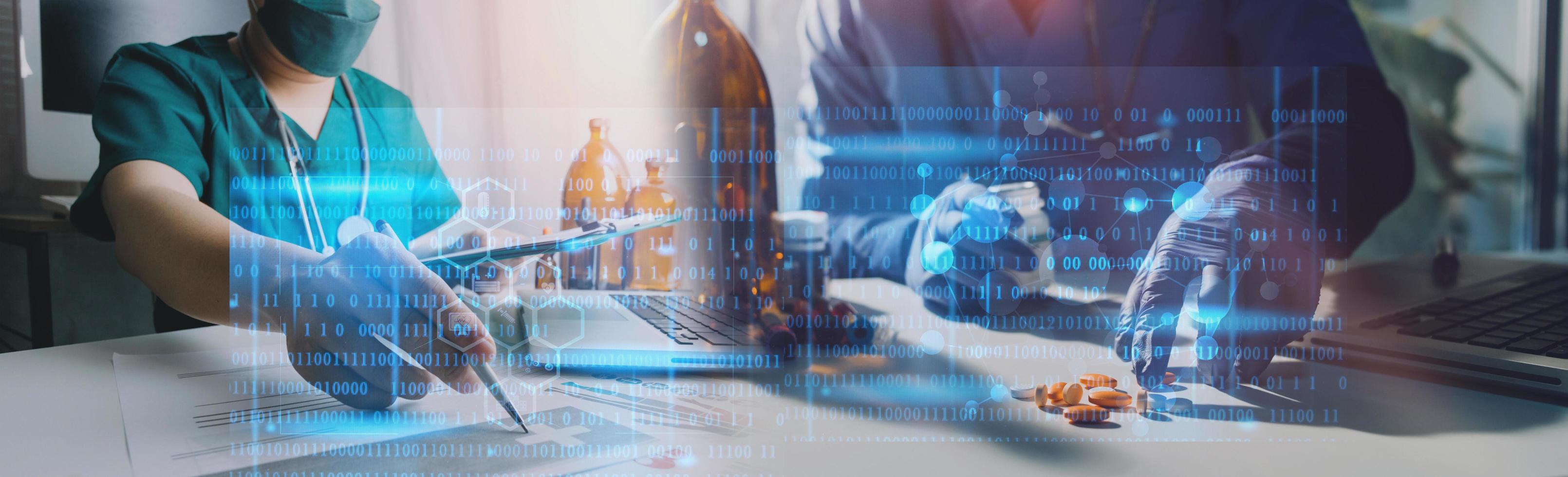Medicine doctor hand working on a patients x-ray scans digital healthcare and connection with modern virtual screen interface icons, Medical technology and network concept. photo