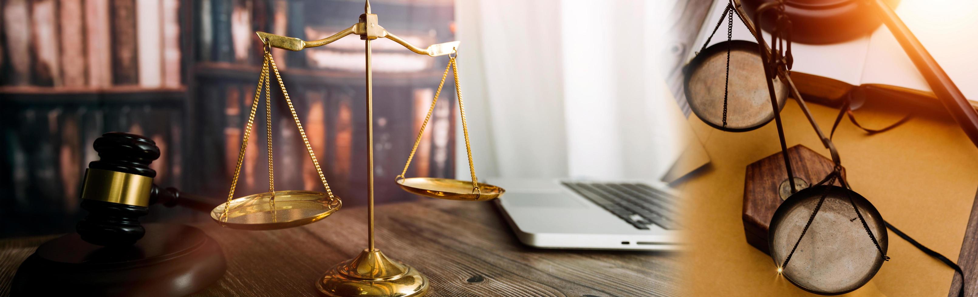 Business and lawyers discussing contract papers with brass scale on desk in office. Law, legal services, advice, justice and law concept picture with film grain effect photo