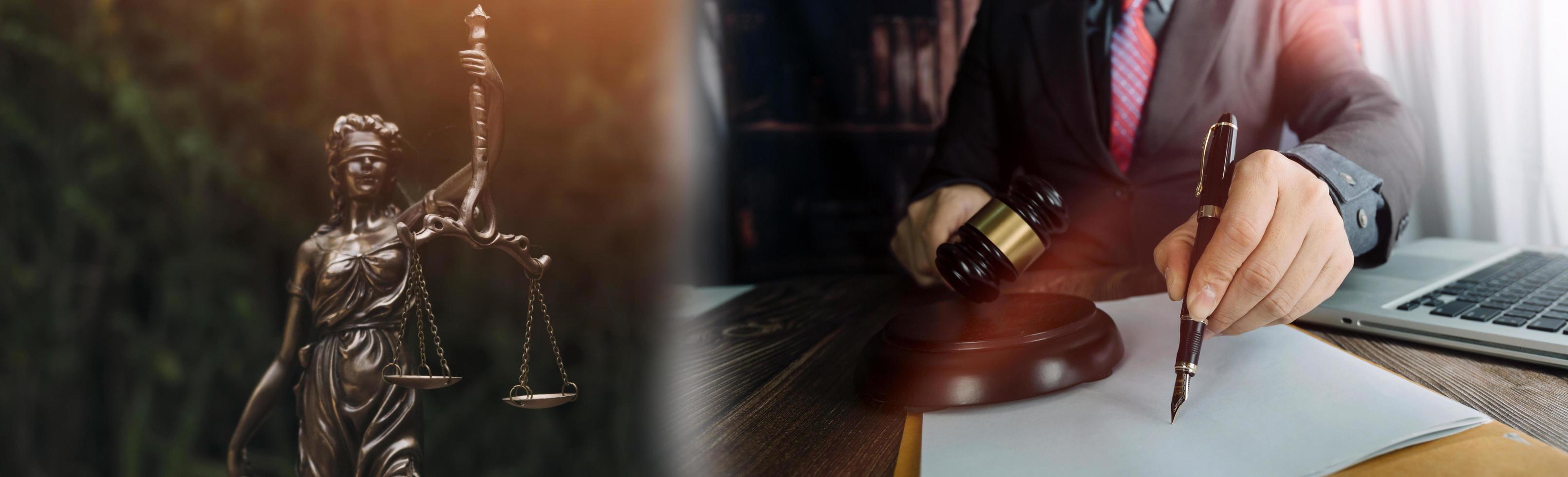 Business and lawyers discussing contract papers with brass scale on desk in office. Law, legal services, advice, justice and law concept picture with film grain effect photo