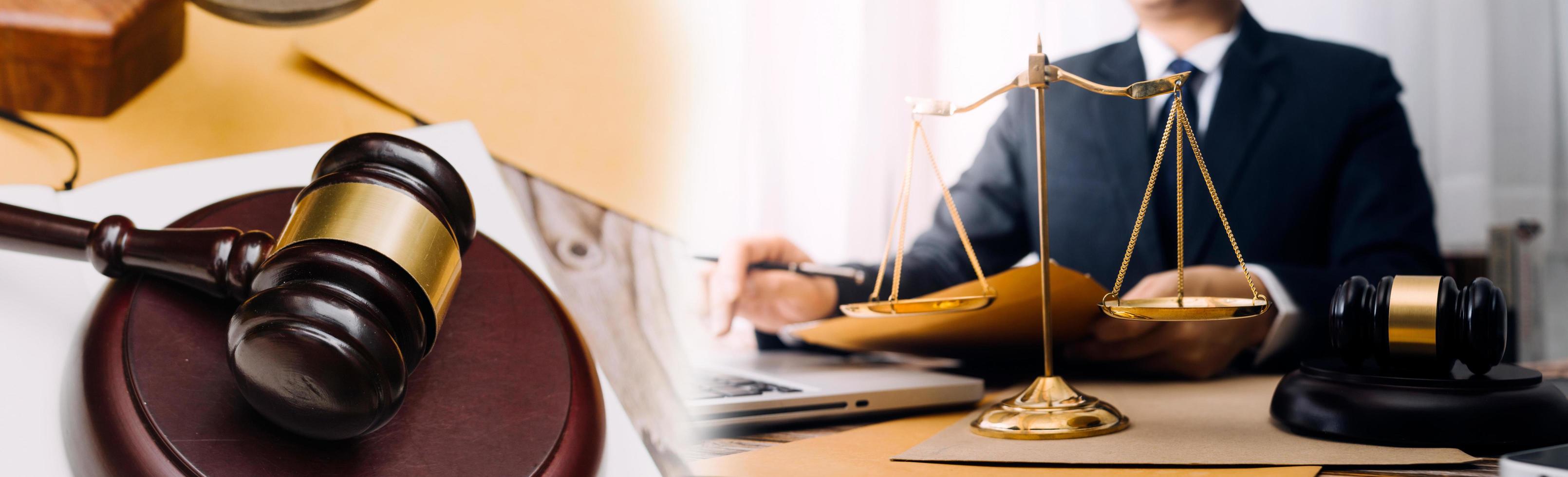 Business and lawyers discussing contract papers with brass scale on desk in office. Law, legal services, advice, justice and law concept picture with film grain effect photo