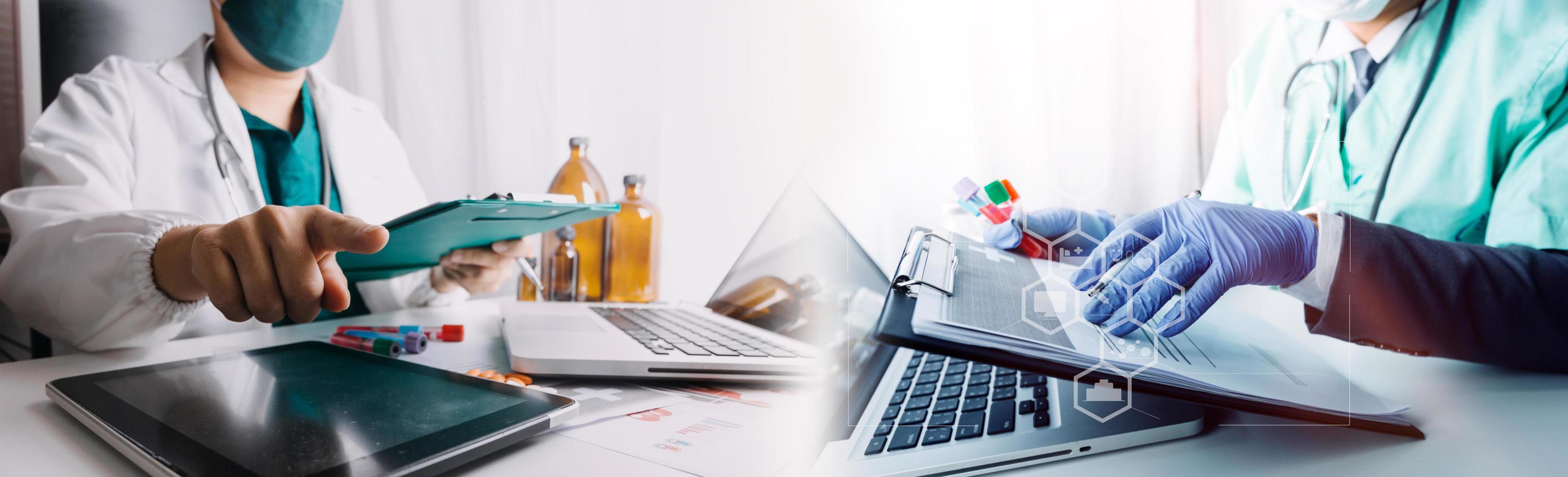 Medicine doctor hand working on a patients x-ray scans digital healthcare and connection with modern virtual screen interface icons, Medical technology and network concept. photo