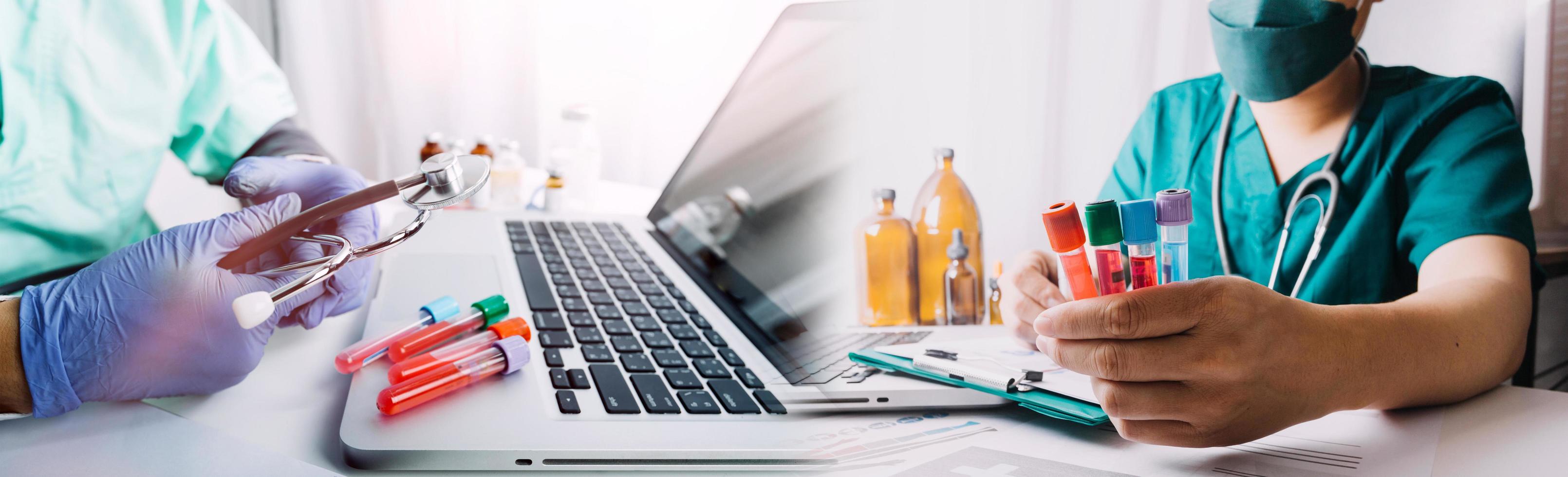 Medicine doctor hand working on a patients x-ray scans digital healthcare and connection with modern virtual screen interface icons, Medical technology and network concept. photo