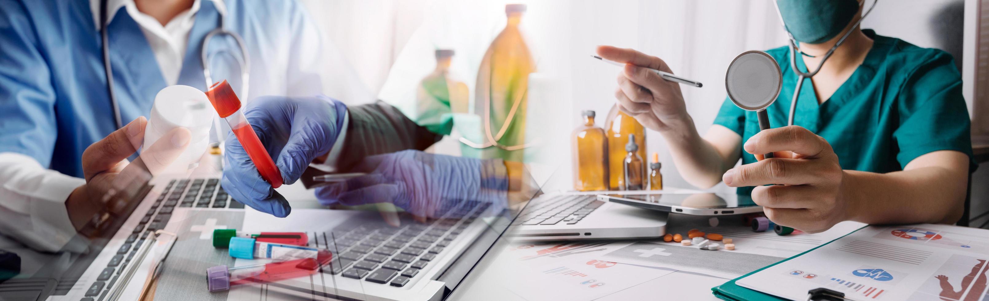 Medicine doctor hand working on a patients x-ray scans digital healthcare and connection with modern virtual screen interface icons, Medical technology and network concept. photo