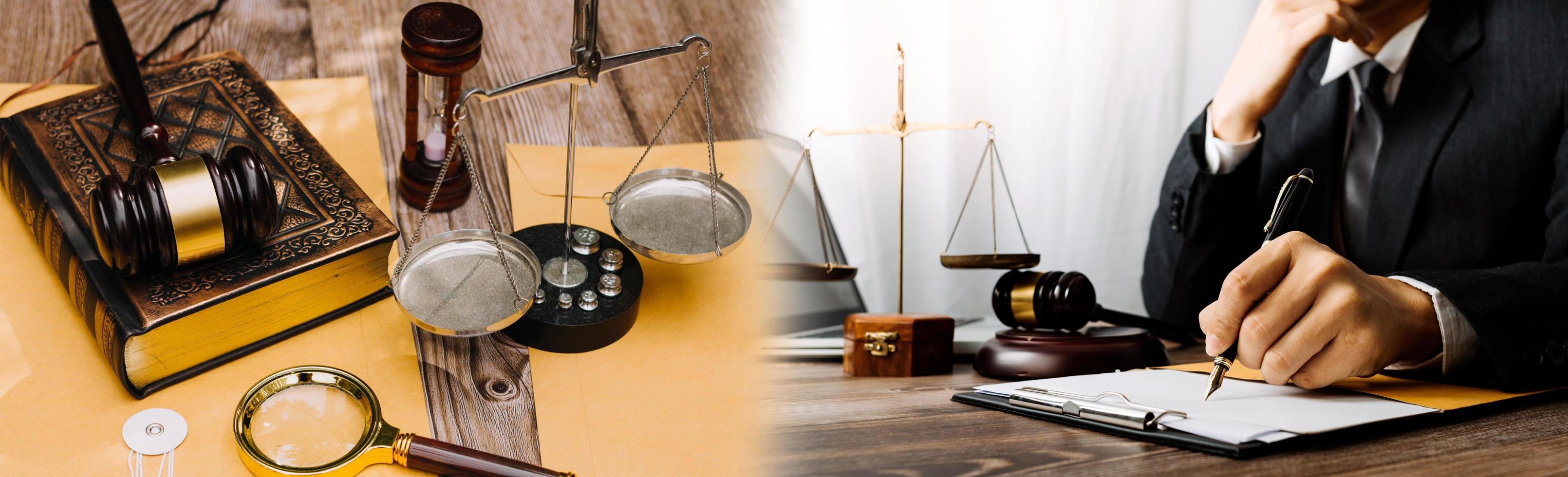 Business and lawyers discussing contract papers with brass scale on desk in office. Law, legal services, advice, justice and law concept picture with film grain effect photo