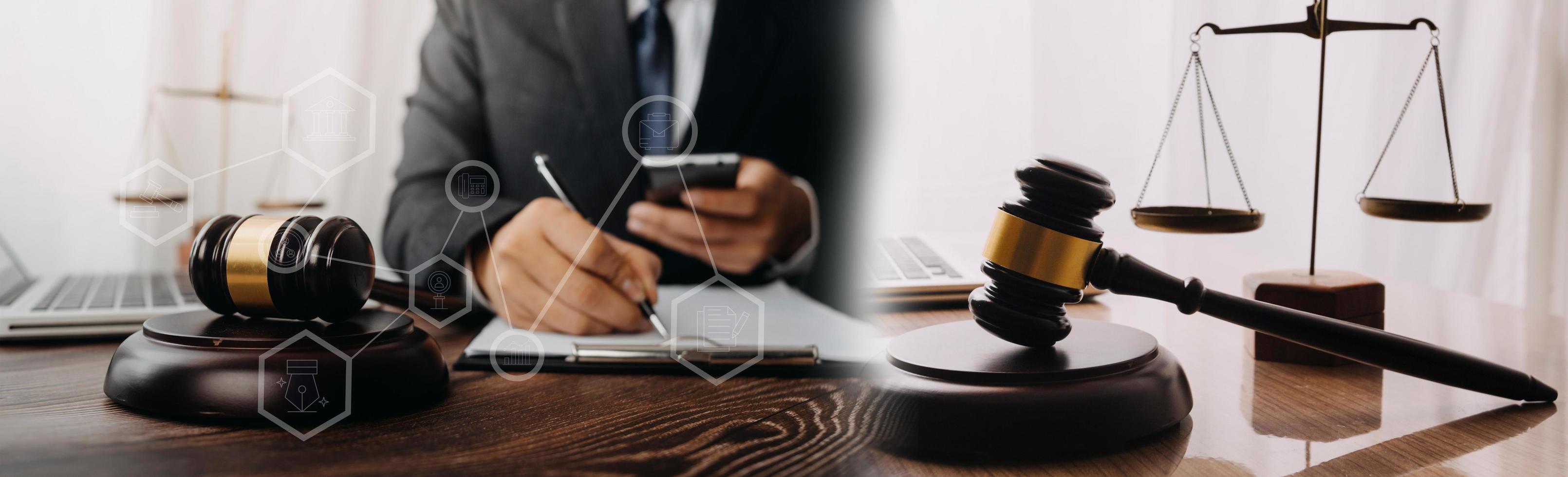 Business and lawyers discussing contract papers with brass scale on desk in office. Law, legal services, advice, justice and law concept picture with film grain effect photo