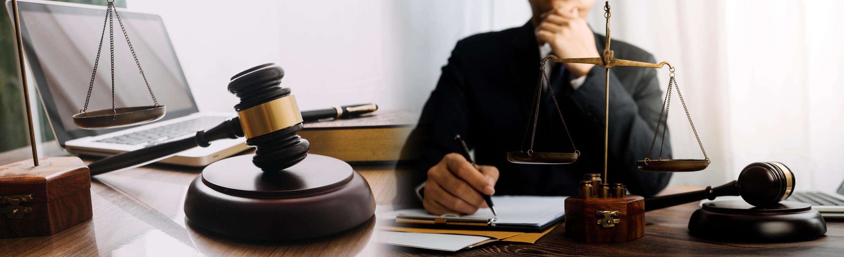 Business and lawyers discussing contract papers with brass scale on desk in office. Law, legal services, advice, justice and law concept picture with film grain effect photo