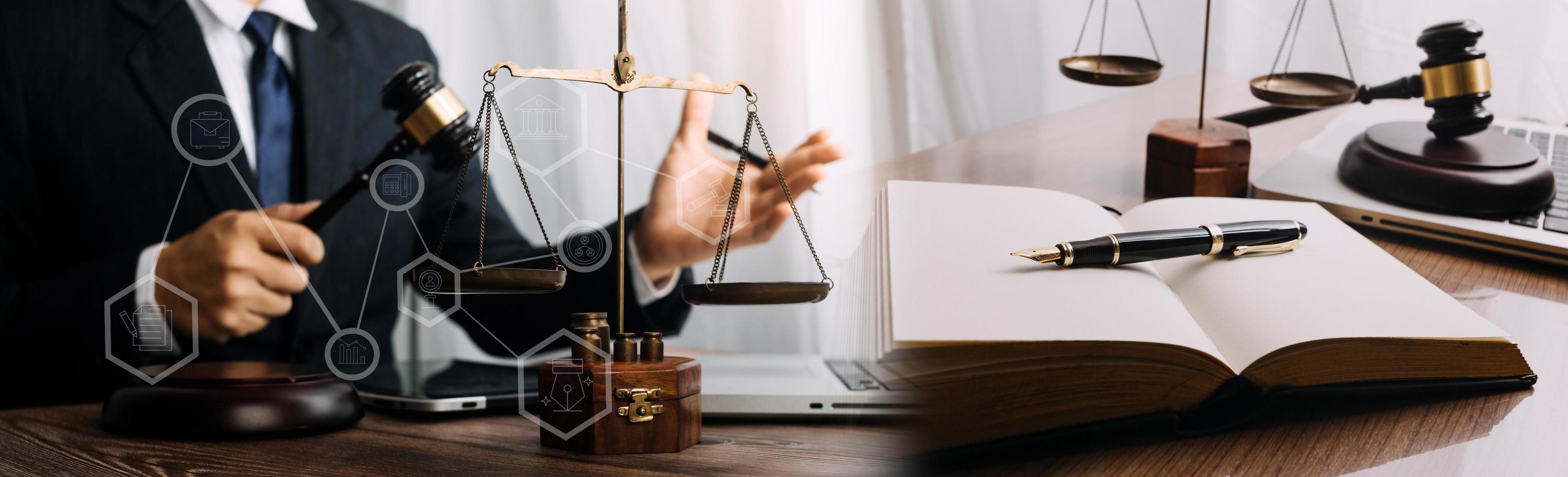 Business and lawyers discussing contract papers with brass scale on desk in office. Law, legal services, advice, justice and law concept picture with film grain effect photo