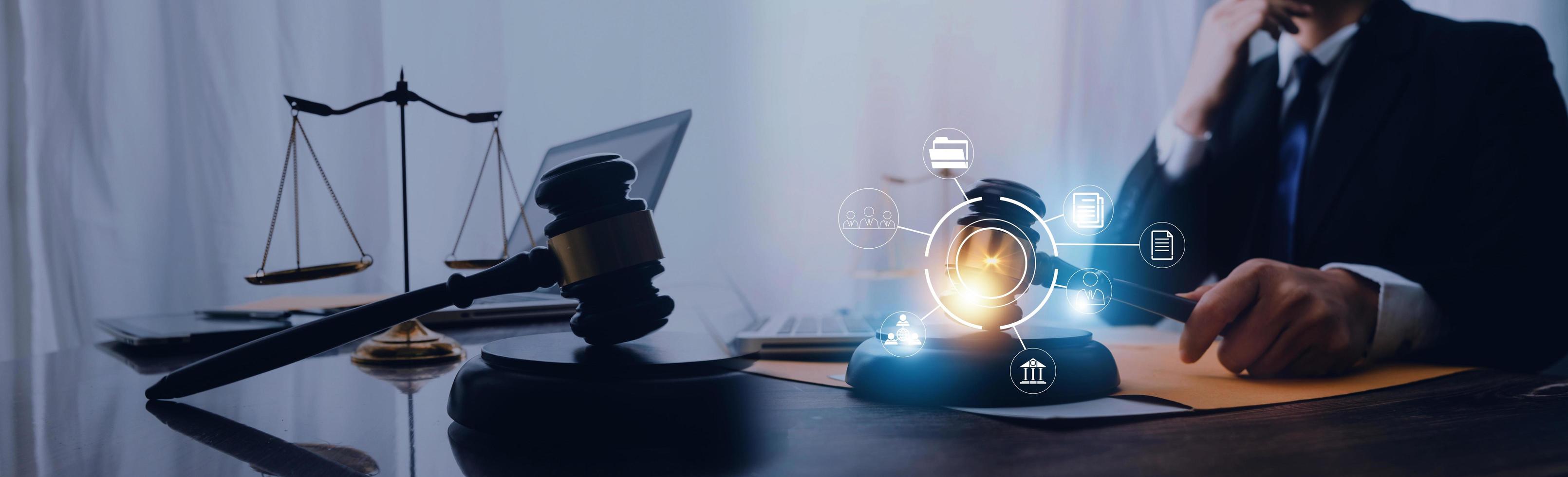 Business and lawyers discussing contract papers with brass scale on desk in office. Law, legal services, advice, justice and law concept picture with film grain effect photo