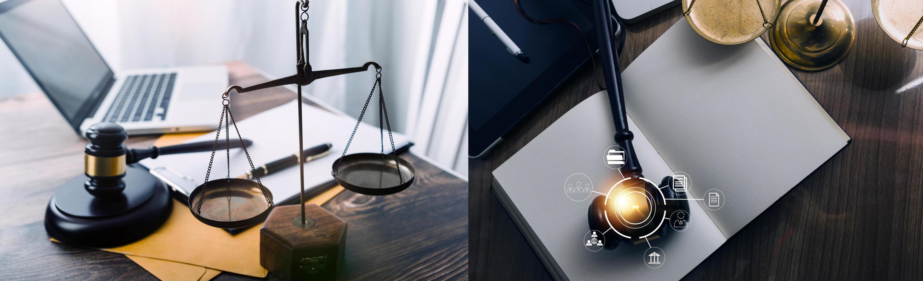 Justice and law concept.Male judge in a courtroom with the gavel, working with, computer and docking keyboard, eyeglasses, on table in morning light photo