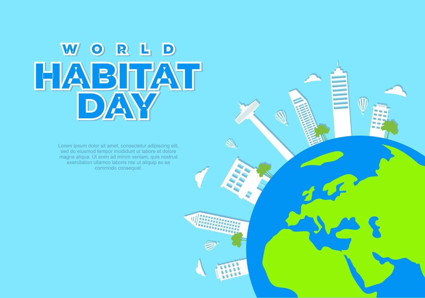 World habitat day with sky scrapper on earth on blue background