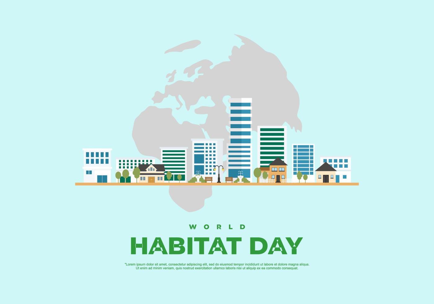 World habitat day with sky scrapper and earth map on blue background. vector