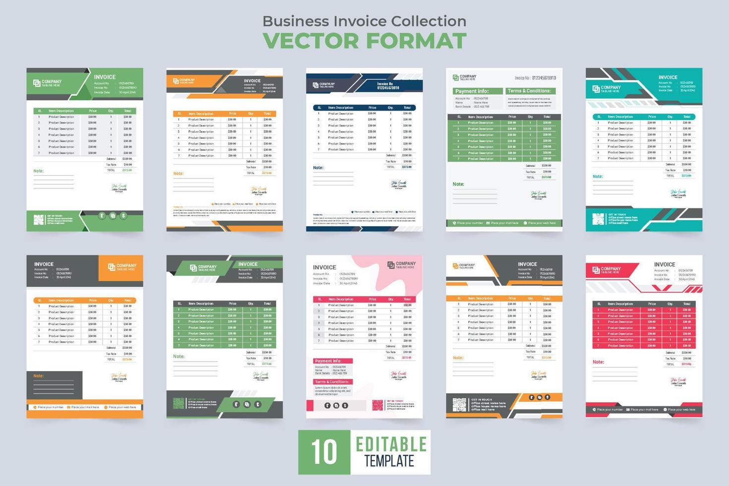 paquete de factura comercial creativa con colores verde y amarillo. colección de plantillas de facturas listas para imprimir para negocios corporativos. diseño simple de factura y papel de facturación con formas abstractas. vector