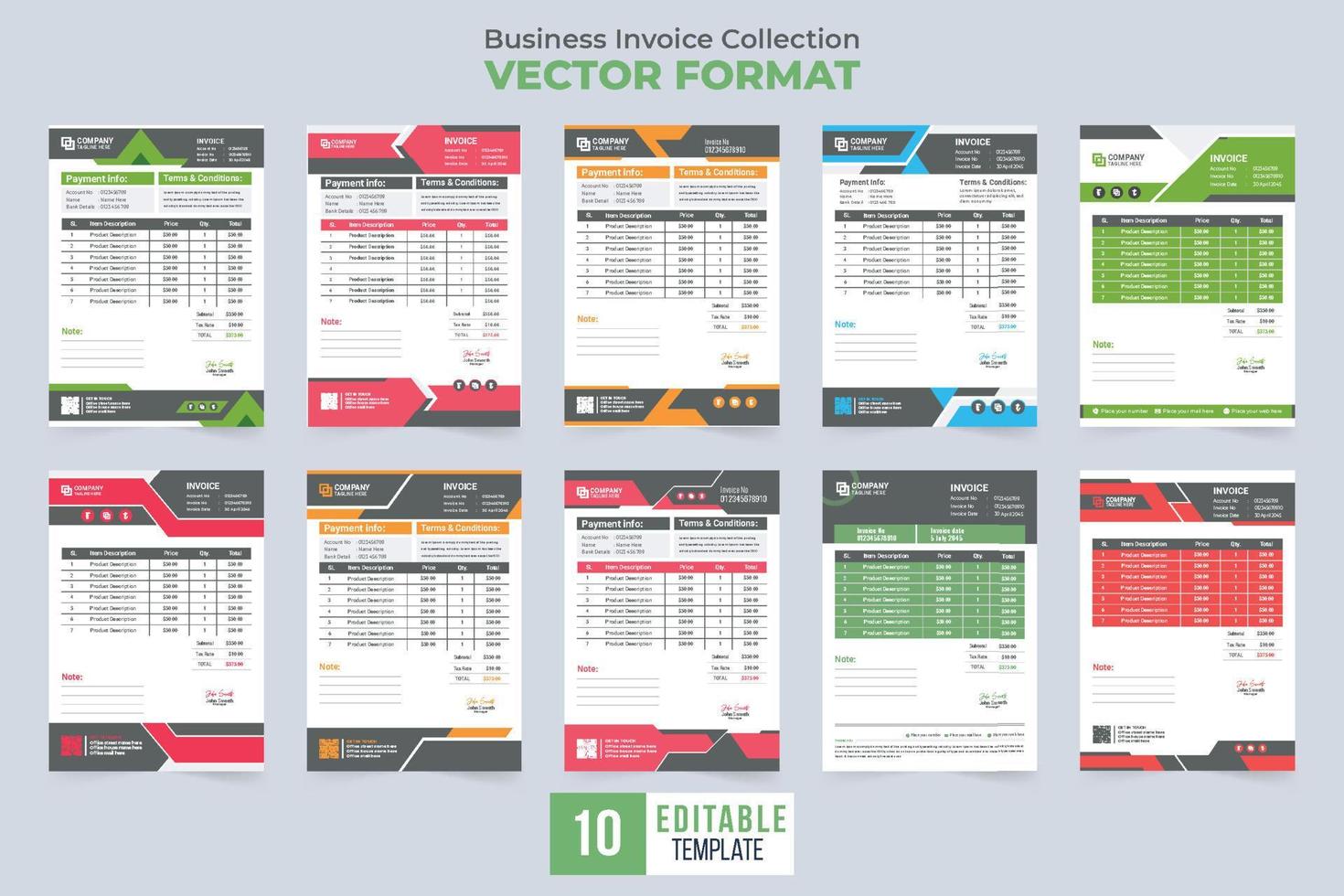 Professional invoice template collection vector with abstract shapes. Corporate business invoice template set design with red and green colors. Payment agreement and cash receipt vector collection.